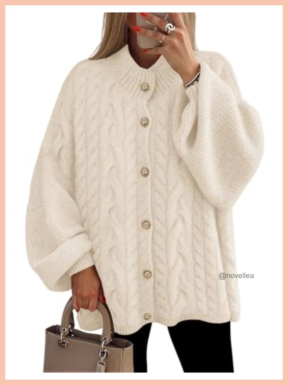 Oversized Chunky Cable Knit Cardigan Sweater Button Up Mock Neck